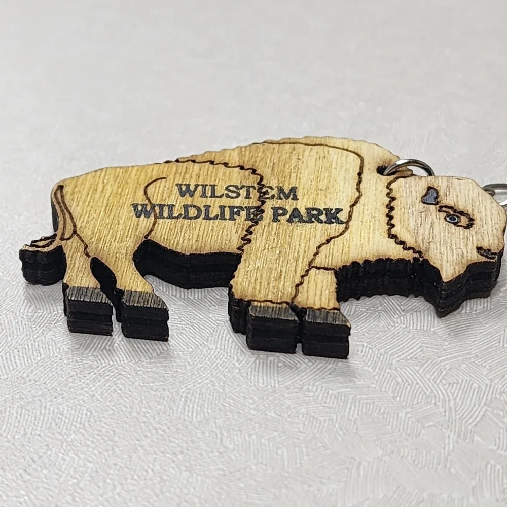 Wilstem Wildlife Park, Indiana Wood Cut Out BUFFALO Animal Key Chain Ring